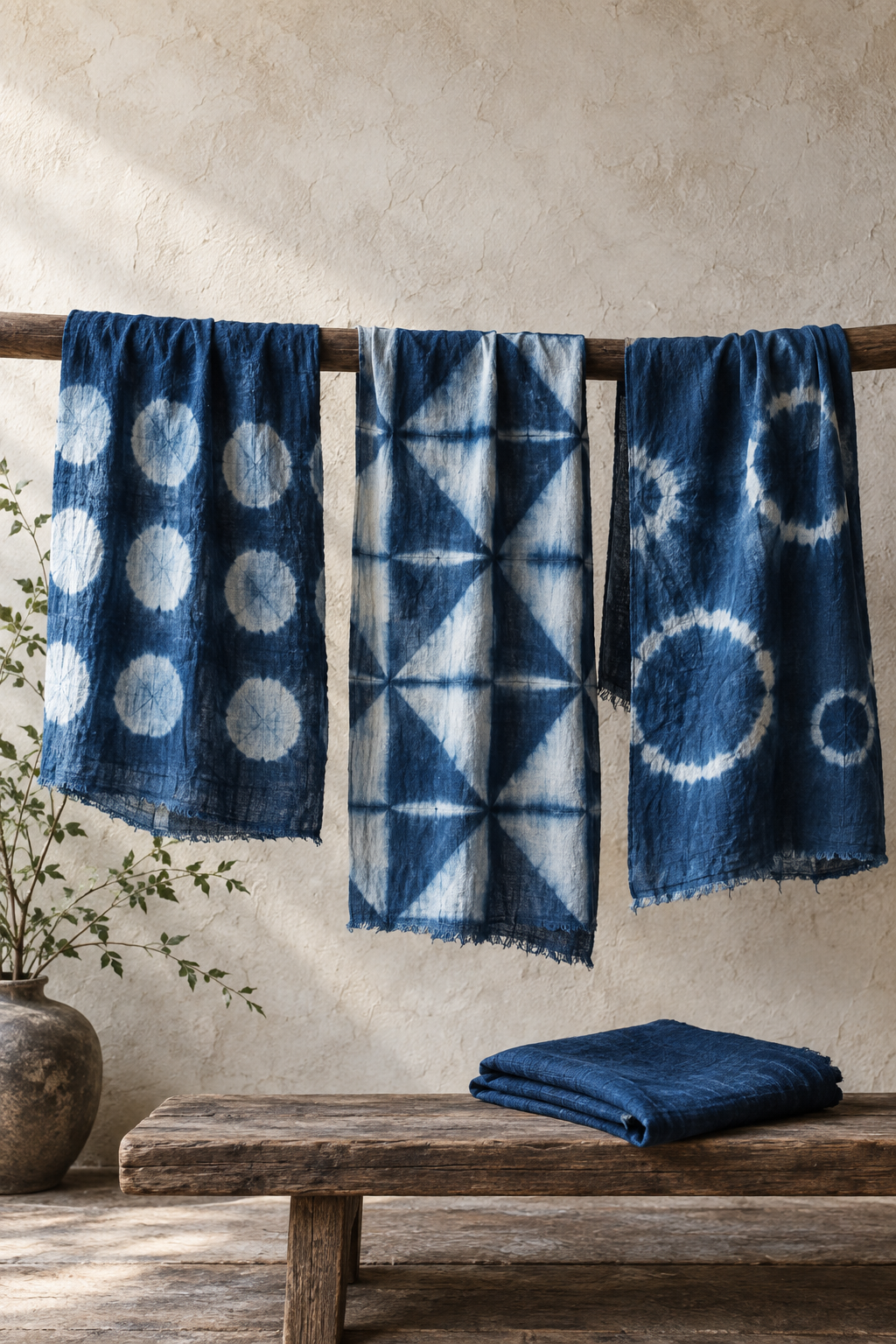 AI-generated editorial still life of indigo-dyed cotton cloth with several resist patterns