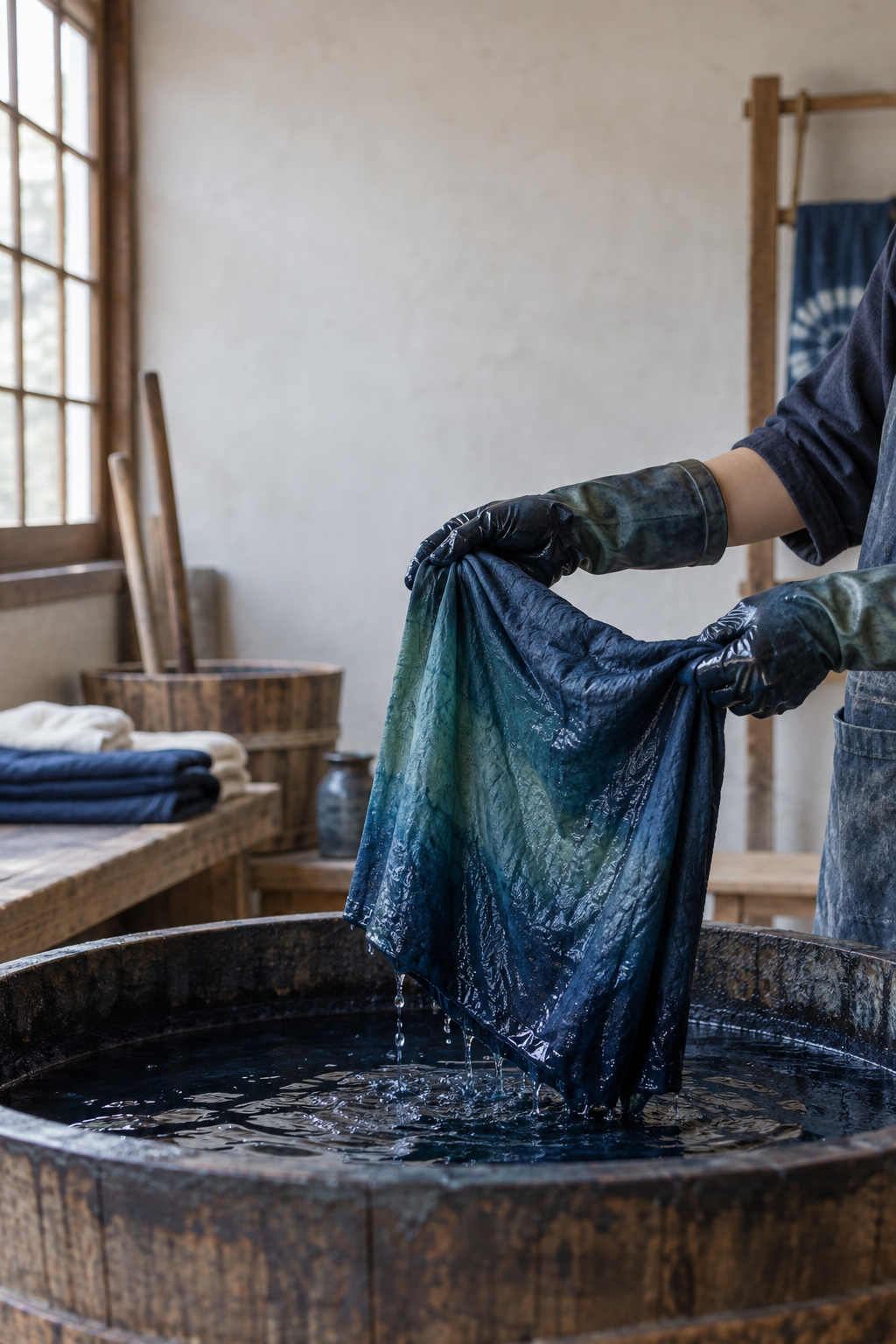AI-generated editorial scene of gloved hands lifting indigo cloth from a dye vat
