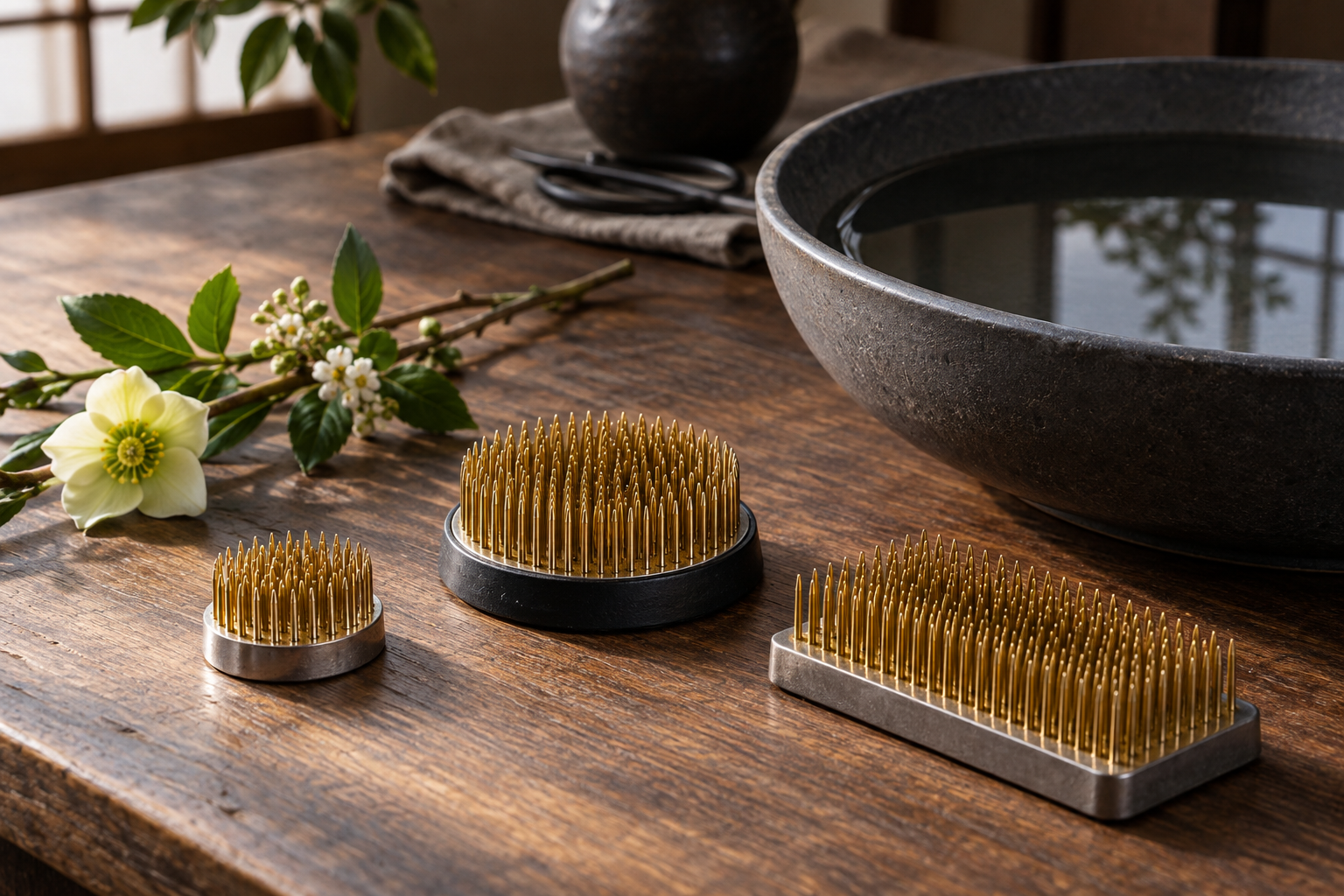 Illustrative comparison of small round, large round, and rectangular brass kenzan flower holders