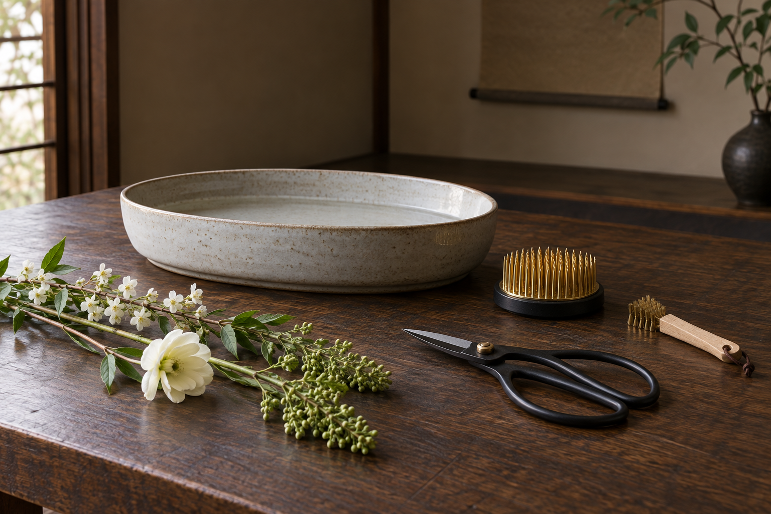 Illustrative beginner ikebana set with shallow bowl, brass kenzan, scissors, and flower stems