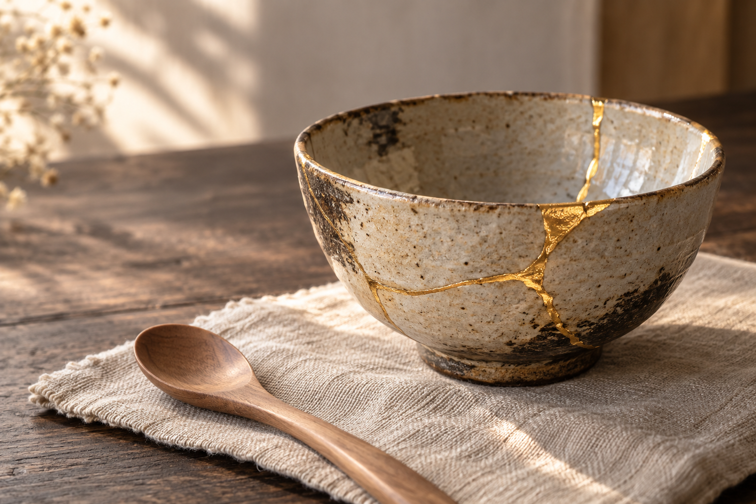 Illustrative empty ceramic bowl with bright gold-colored repair seams beside a wooden spoon