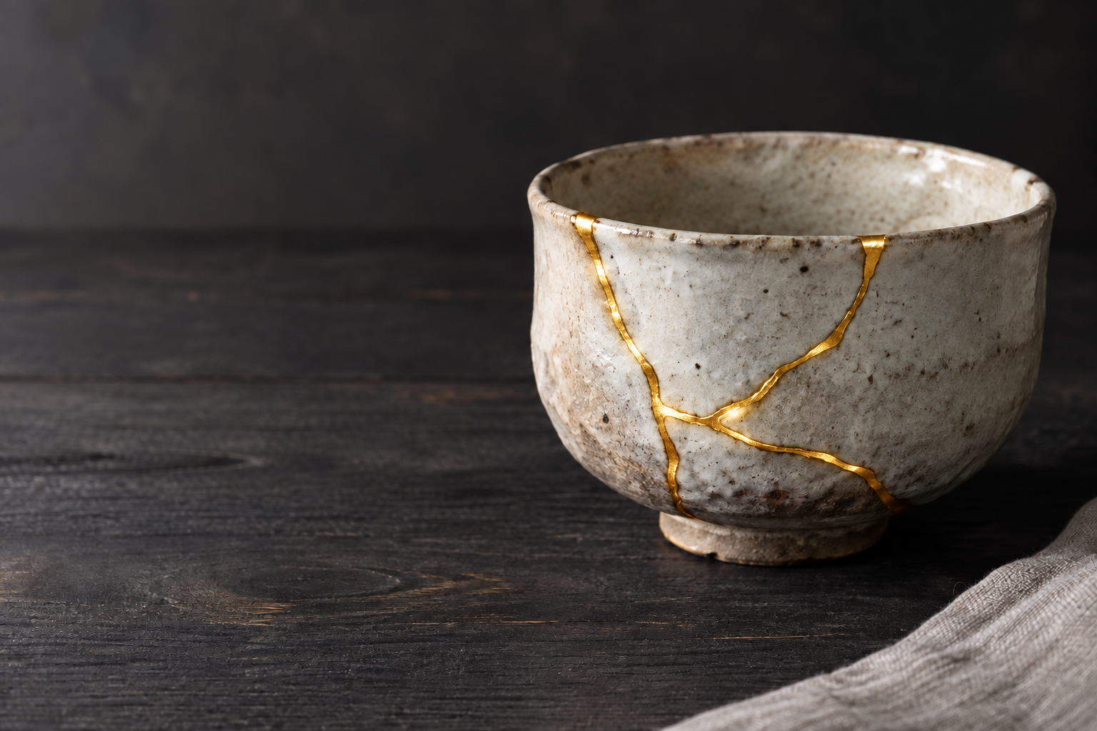 Illustrative image of a ceramic tea bowl with visible gold-colored repair lines