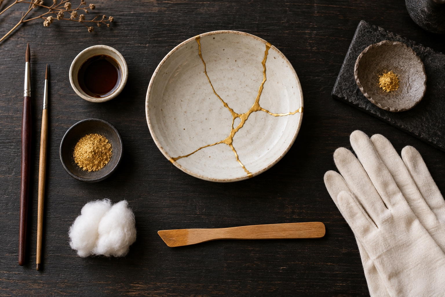 Illustrative flat lay of kintsugi tools, gold powder and a repaired ceramic dish