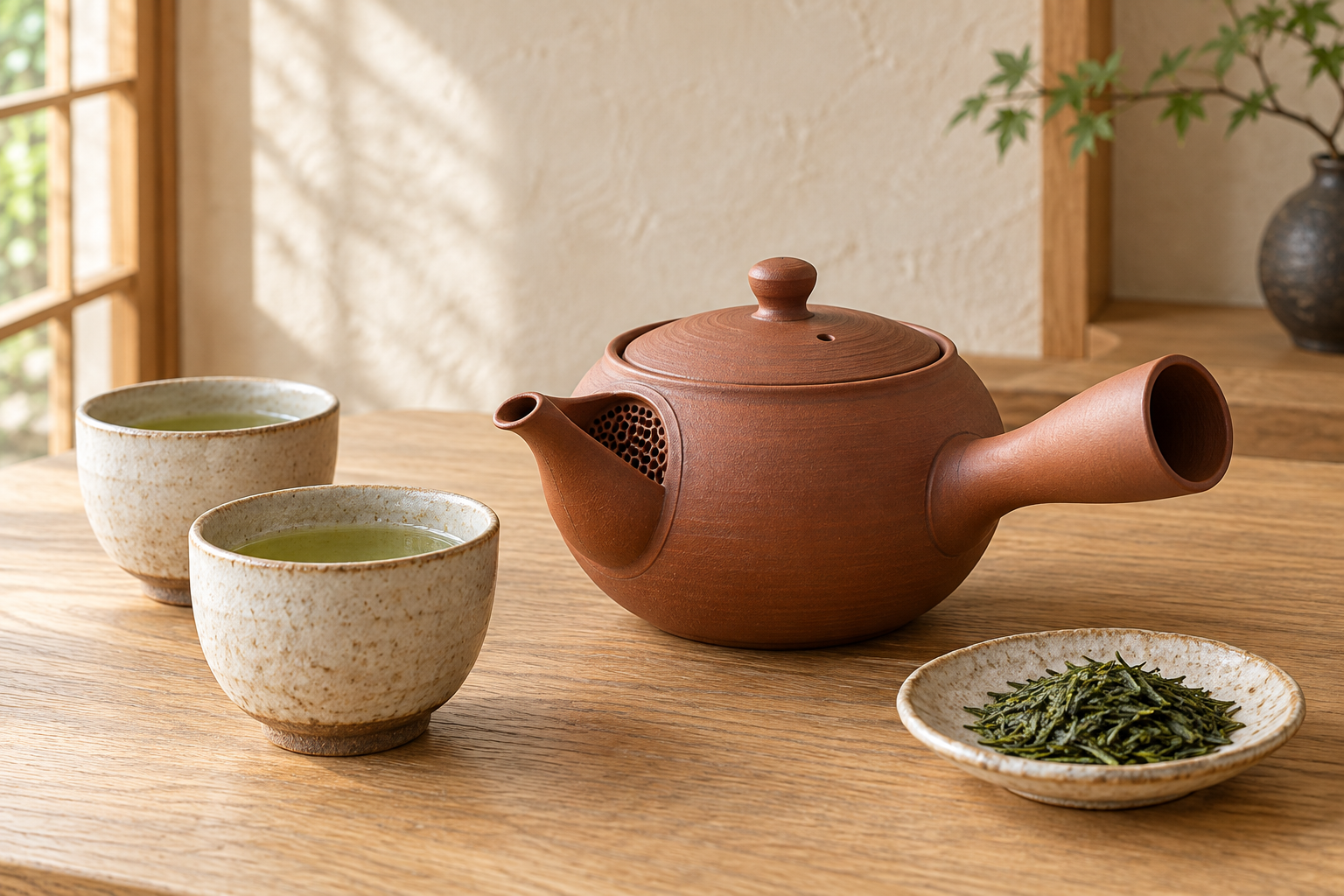 AI-generated editorial still life of an unbranded red clay side-handle kyusu, two yunomi cups, and sencha leaves