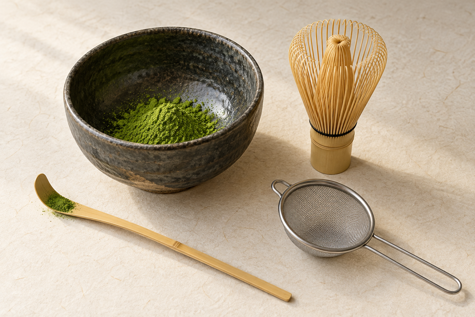 AI-generated editorial still life of a wide matcha bowl, bamboo whisk, bamboo scoop, and fine-mesh strainer