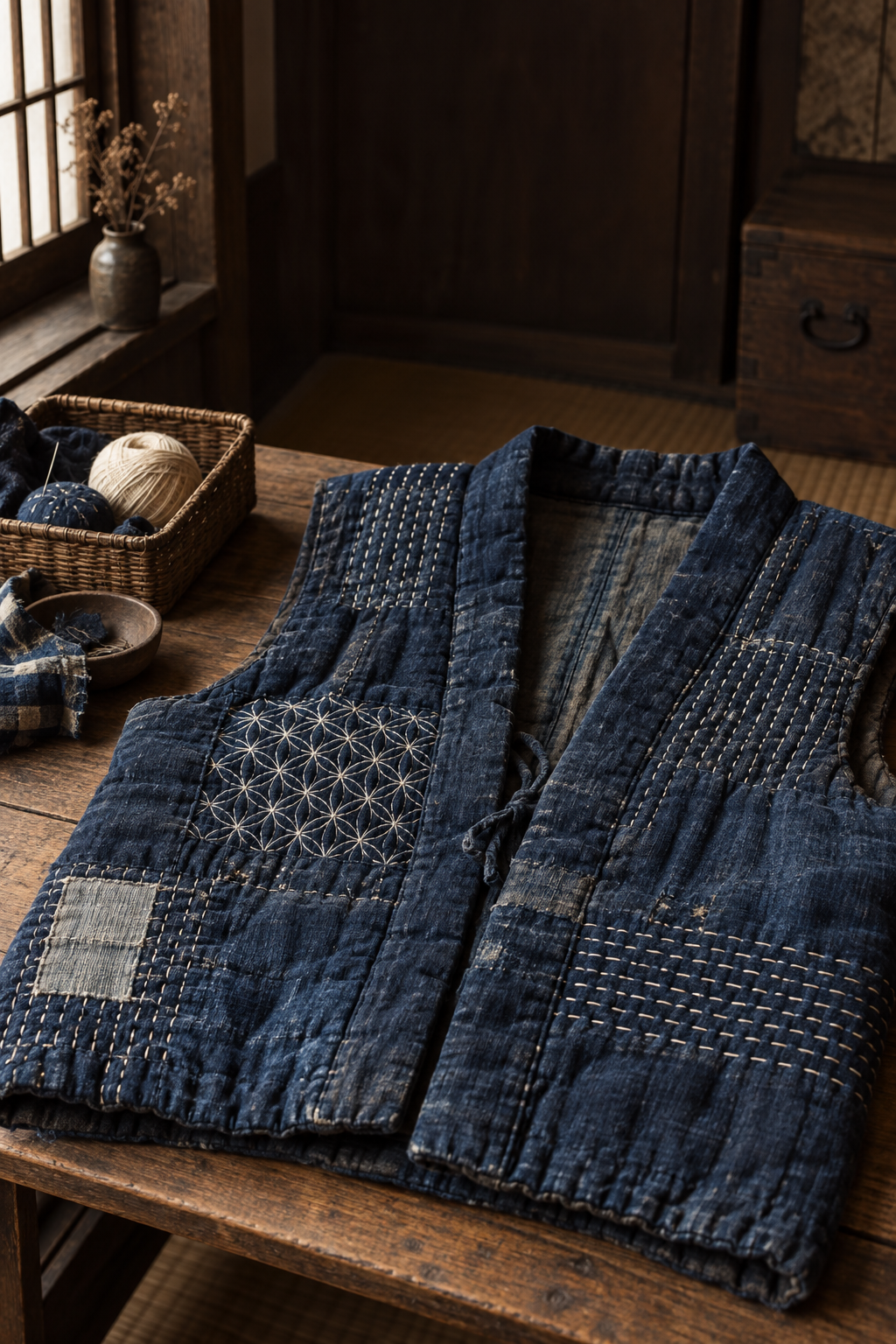 Historically inspired illustration of a worn indigo padded vest reinforced with white running stitches and patches