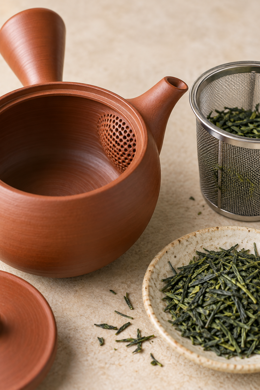 AI-generated cutaway comparison of a built-in ceramic kyusu filter and a removable basket filter