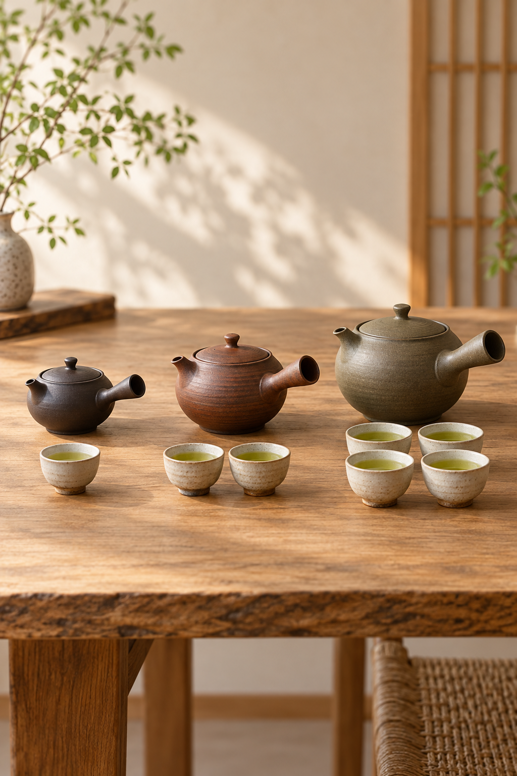 AI-generated comparison chart showing kyusu sizes for one cup, two cups, and several cups