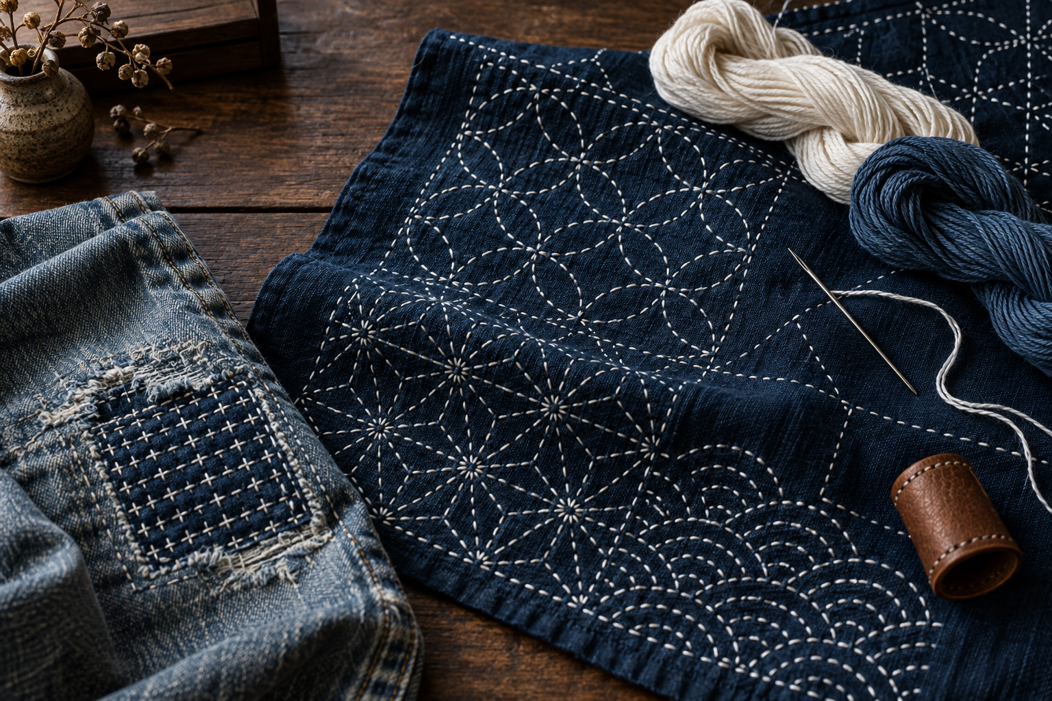 Illustrative indigo sashiko fabric with thread, needle, thimble, and a small visible-mending patch