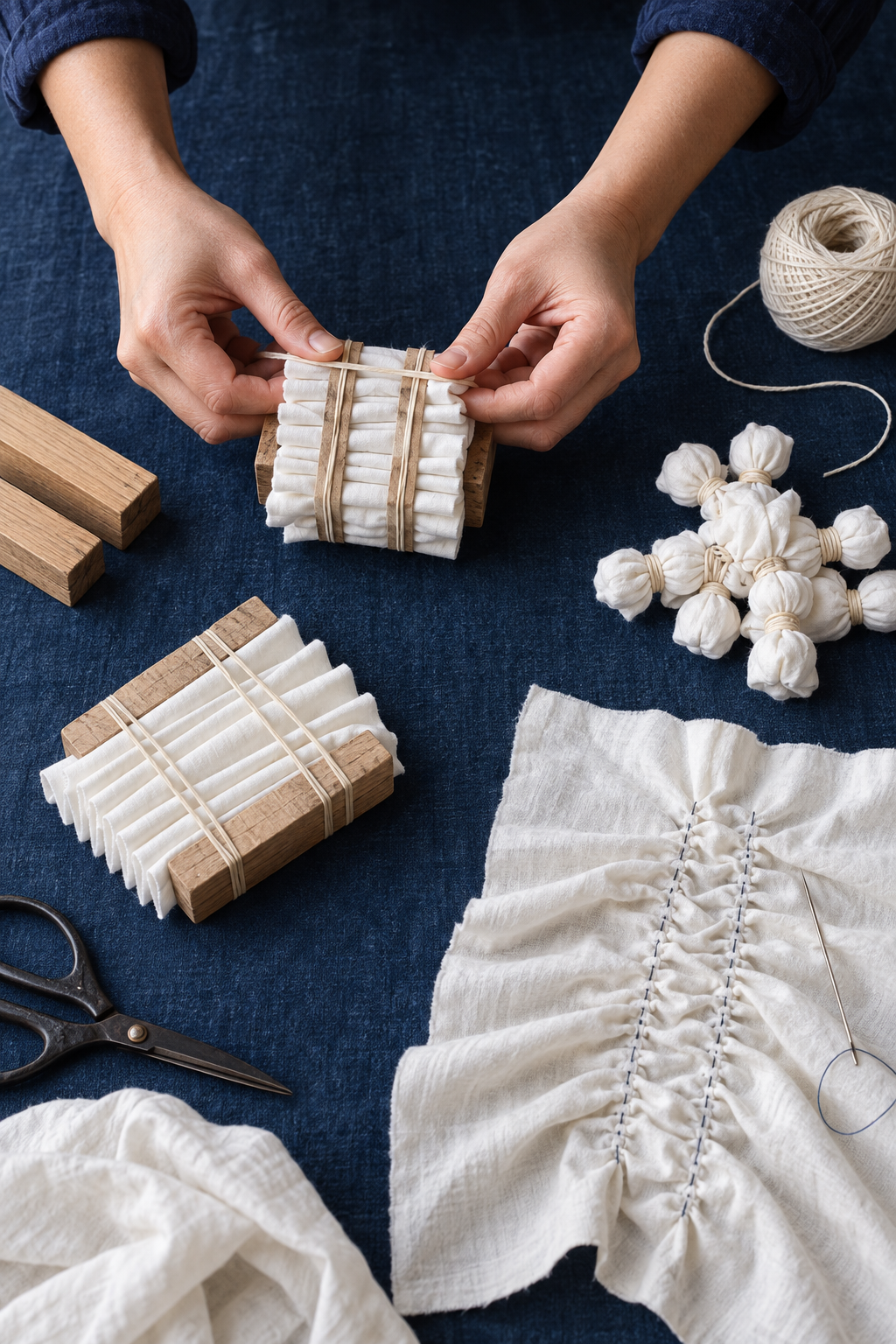 AI-generated overhead editorial image of folded, tied, and stitched white cotton samples prepared for resist dyeing